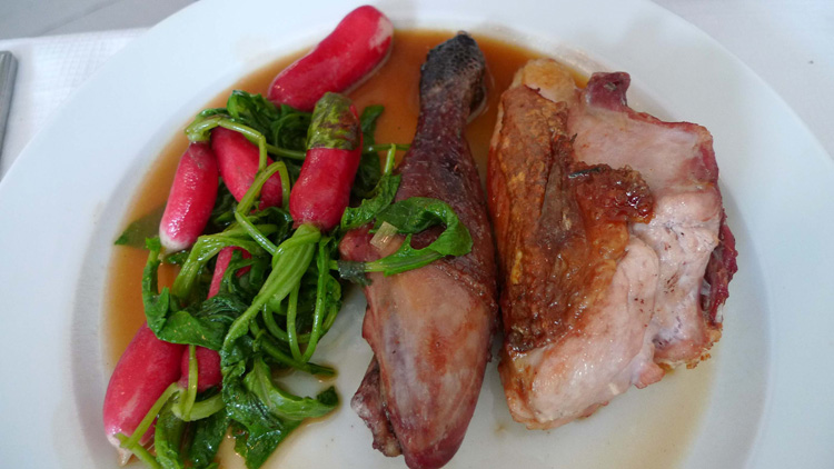 Guinea fowl and radishes